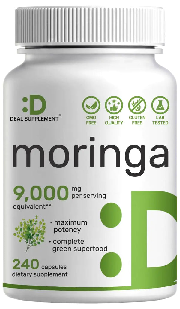 Moringa Pure Capsules 9000mg Herbal Equivalent 240 Capsules – Maximum Potency Moringa Leaf Extract – Complete Green Superfood Supplement for Energy Skin & Immune Health Support – Non-GMO
