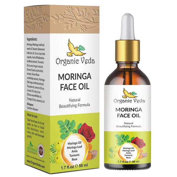 Organic Veda Moringa Face Oil with Dropper - 100% Natural Moringa Seed Oil with Turmeric & Rose Extract for Soft & Radiant Skin - Anti-aging Reduce Wrinkles Minimize Age Spots - 50ml (1.7 fl.oz)