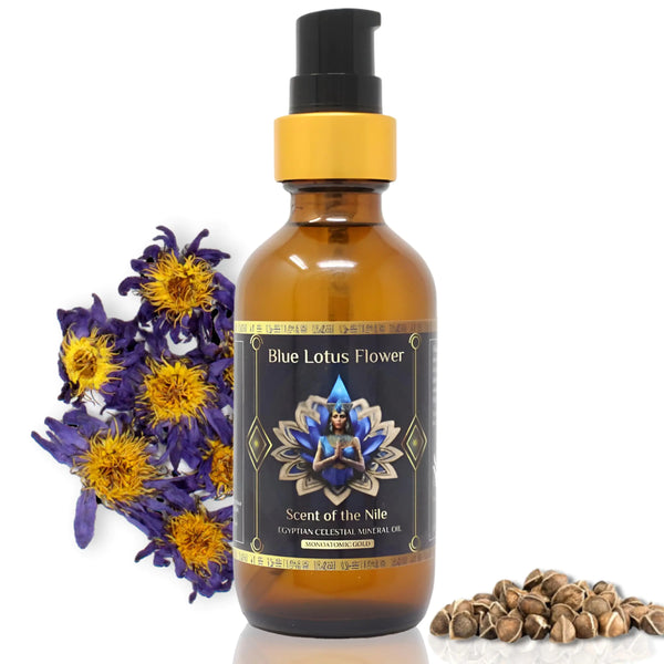 100% Pure Moringa Oil blended with Blue Lotus Flower Essential Oil and Ormus Gold Premium Pure Moringa Seed Oil for Radiant Skin Nourishing & Hydrating Face Hair Nails and Body - 1oz. (30ml)